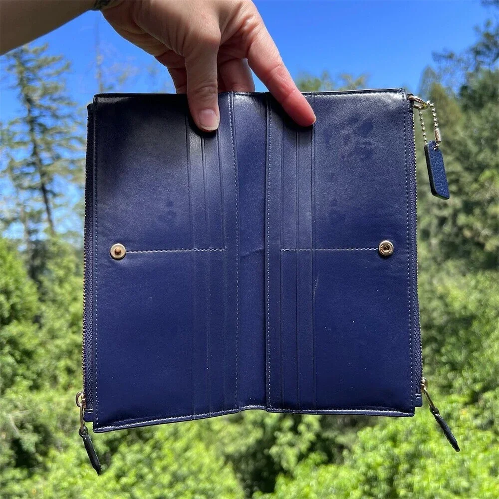 COACH Blue Pebble Leather Clutch Wallet Phone Case with Gold Hardware AUTHENTIC